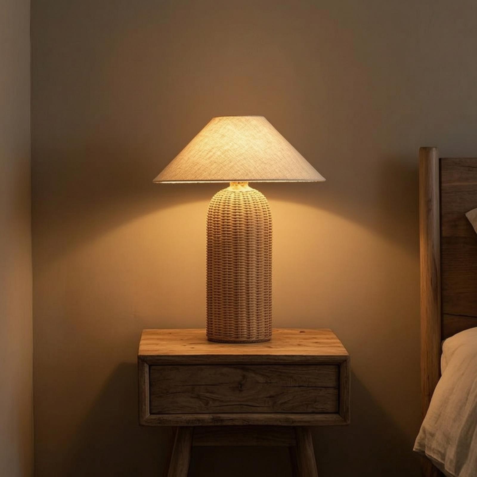 Lighting Decor In Room - ベッドサイドランプ ラタンベース ファブリックシェード ナイトテーブルランプ 寝室 リビングルーム用装飾照明