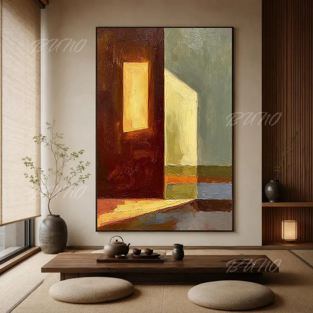 Lighting Interior Decor - 100%手描きのオリジナル抽象油絵、温かみのある光のヴィンテージインテリアウォールアート、リビングルームや寝室の装飾に。