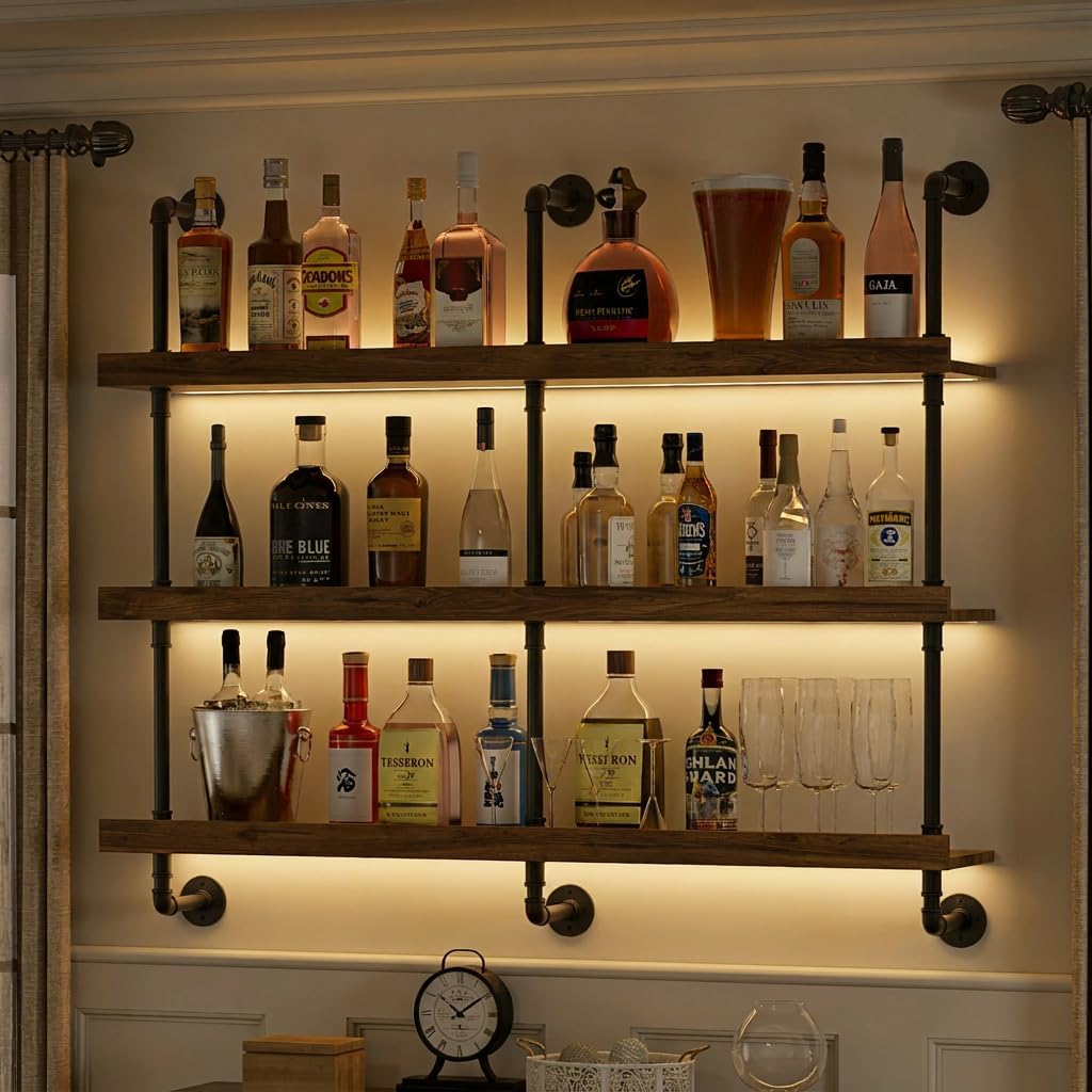 Kitchen Decor Lighting - 壁掛けワインラック LEDライト付き 3段フローティングバーシェルフ 酒瓶ディスプレイ収納用 モダンなワインホルダーオーガナイザー キッチン