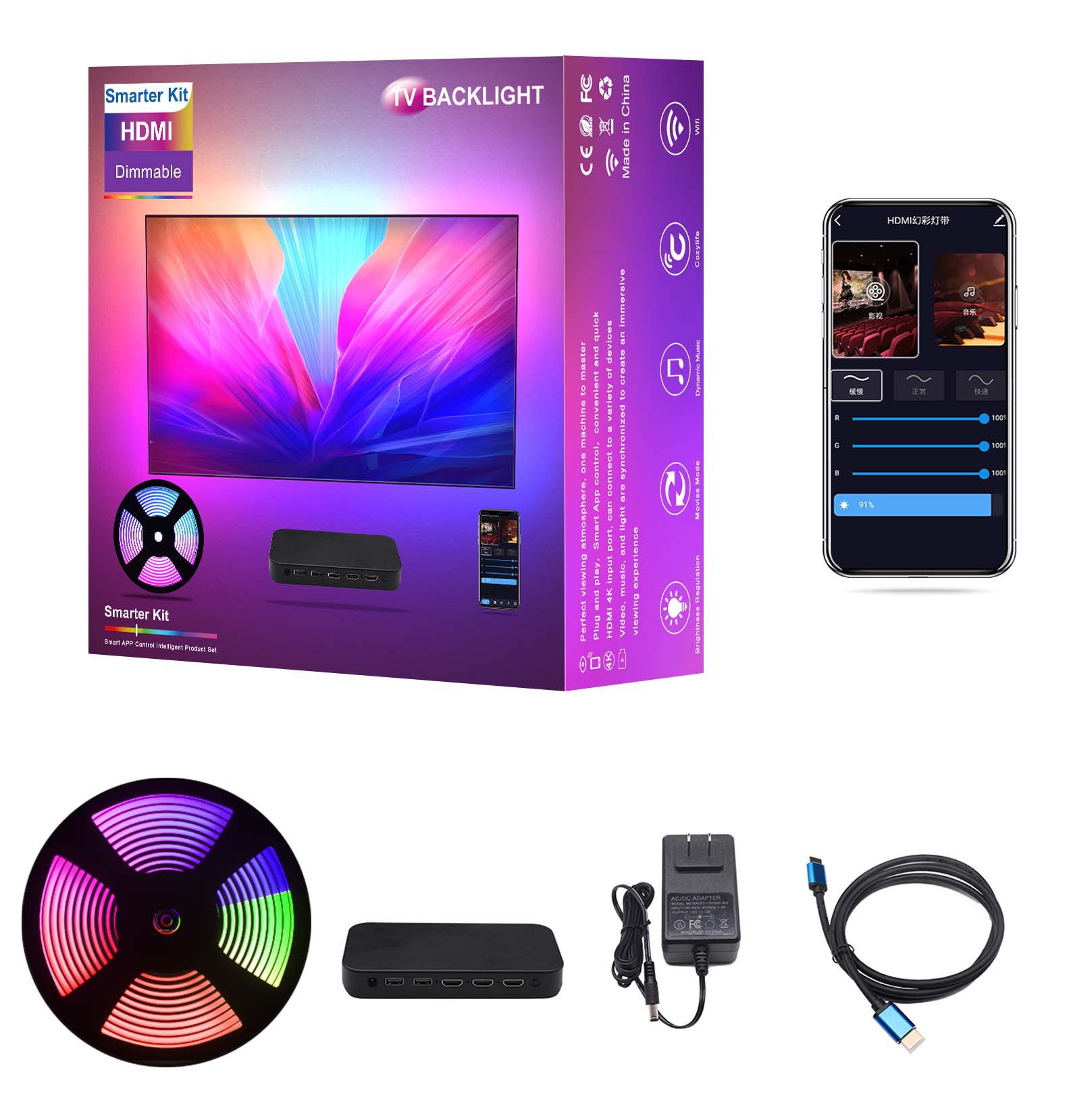 Ambient Led Strip - RGBICスマートアンビエントTVライトキット HDMI同期ボックス LEDバックライト WiFi Alexa Google対応