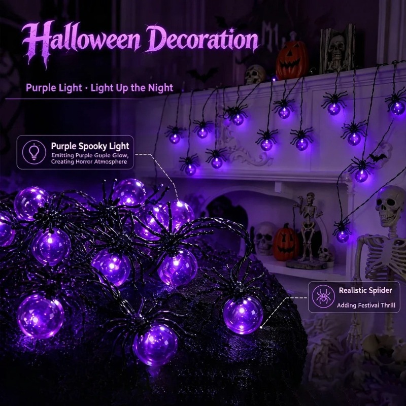 電池式スパイダーLEDストリングライト、ハロウィン屋外装飾、 - Yard Lighting Decor のレビューと価格