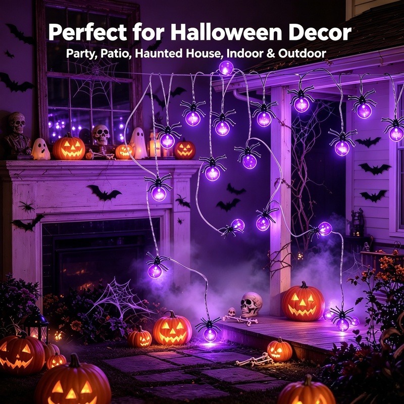 電池式スパイダーLEDストリングライト、ハロウィン屋外装飾、 - Yard Lighting Decor のレビューと価格