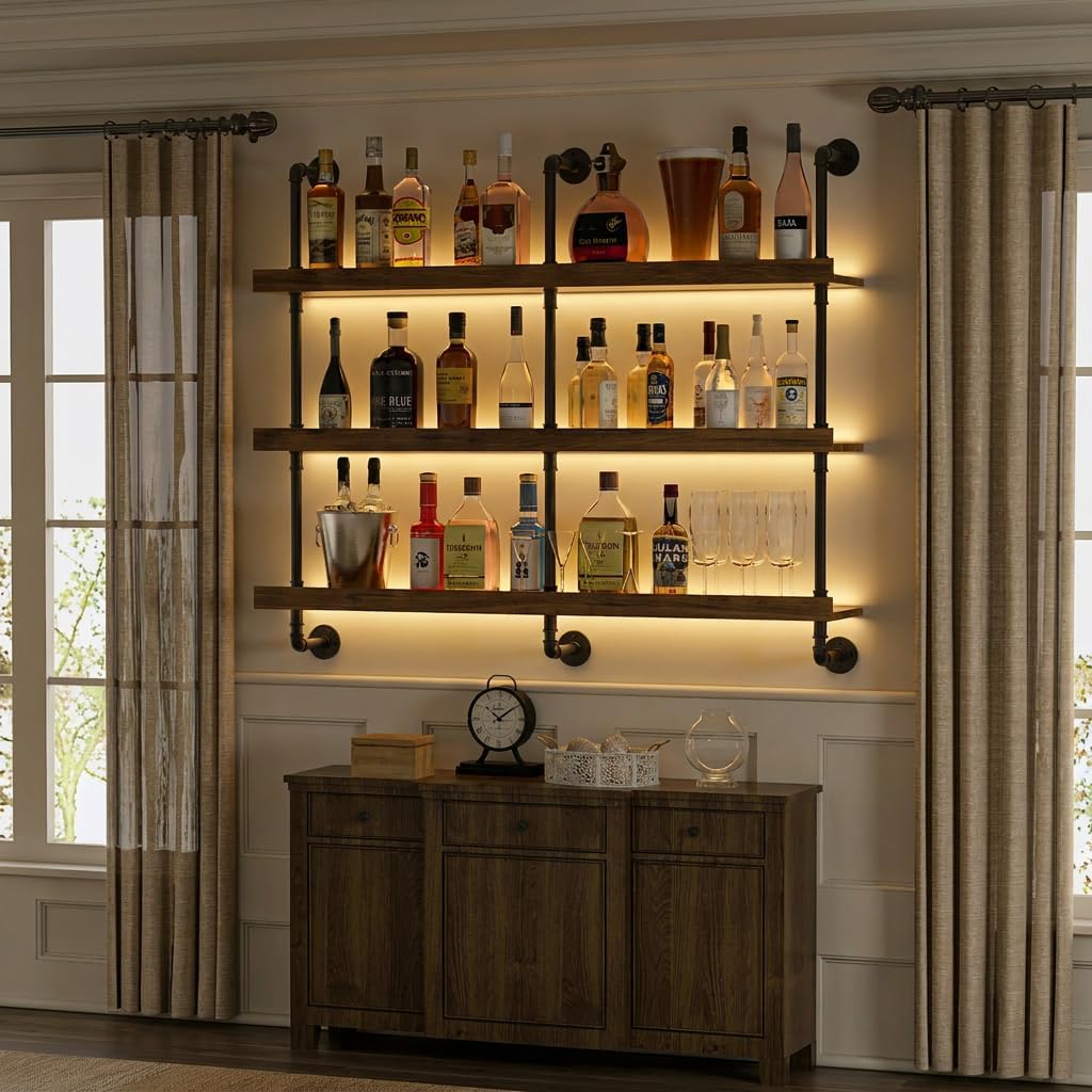 壁掛けワインラック LEDライト付き 3段フローティングバー - Kitchen Decor Lighting のレビューと価格