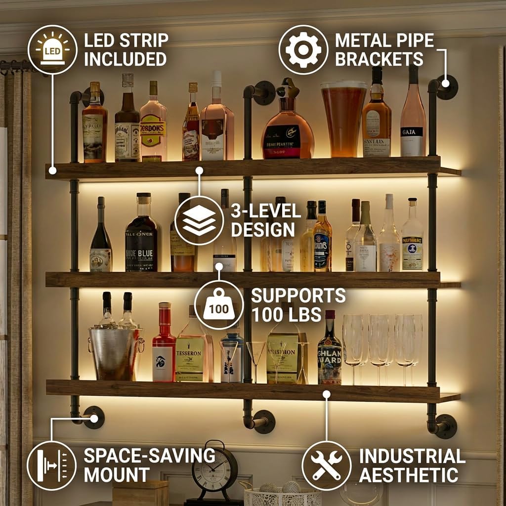 壁掛けワインラック LEDライト付き 3段フローティングバー - Kitchen Decor Lighting のレビューと価格
